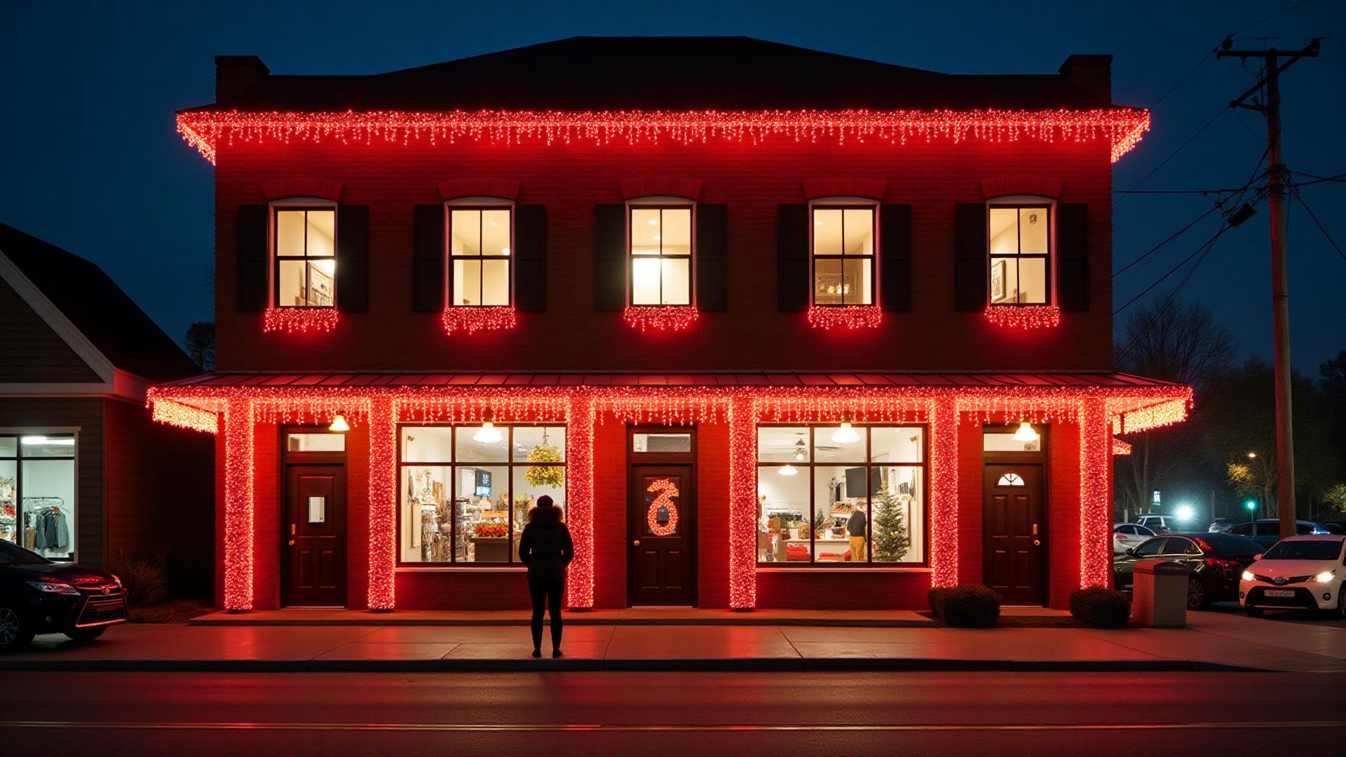 Storefront holiday lighting Commercial Christmas light installation display with holiday lighting around a storefront from our Front Range commercial portfolio